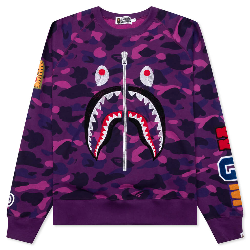 Color Camo Embroidery Shark Crewneck - Purple