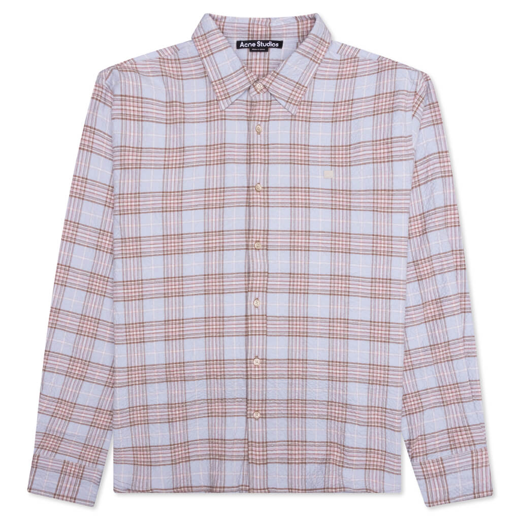 Check Flannel Button-Up Shirt - Light Blue/Pink