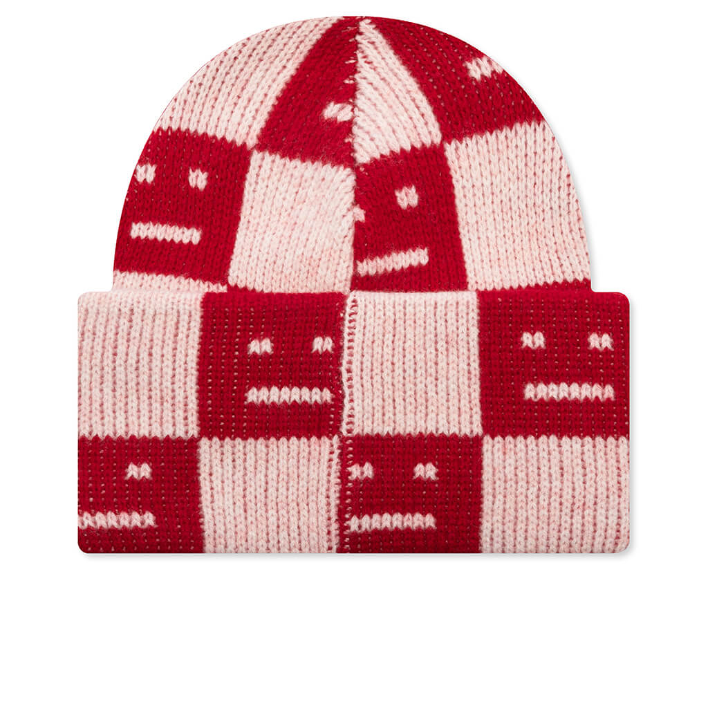 Jacquard Knit Beanie Hat - Deep Red/Faded Pink Melange