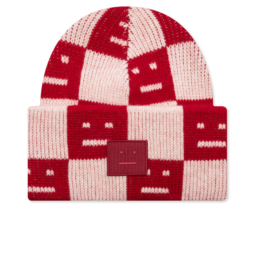 Jacquard Knit Beanie Hat - Deep Red/Faded Pink Melange