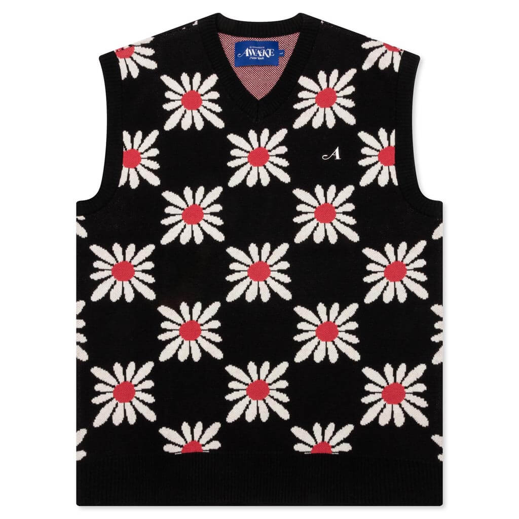 Checkered Floral Sweater Vest - Black Floral