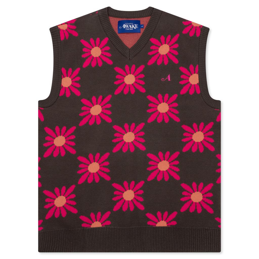 Checkered Floral Sweater Vest - Brown Floral