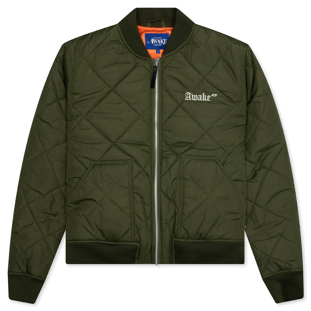 Quilted Patch Bomber Jacket - Olive
