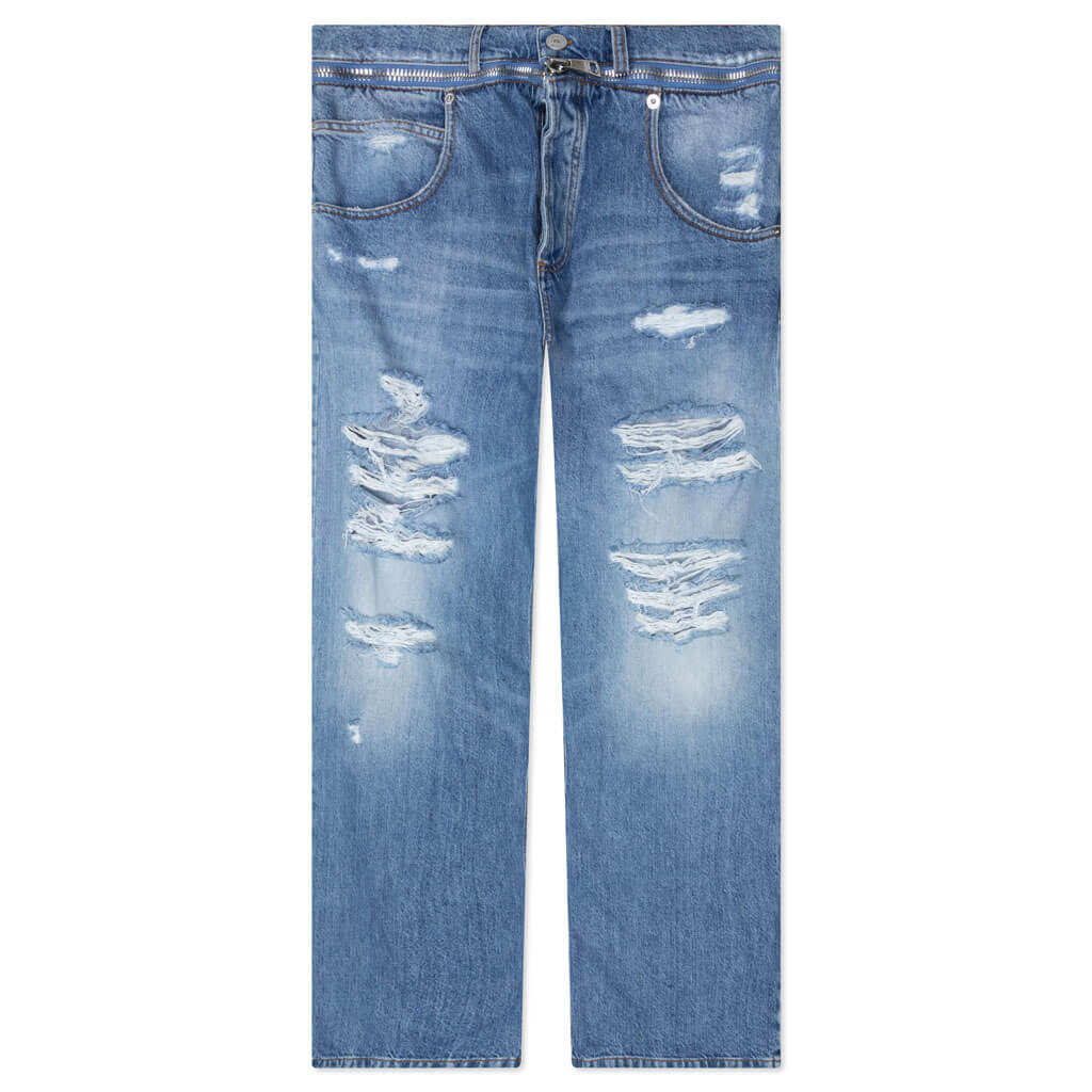 Destroyed Loose Denim Pants - Blue