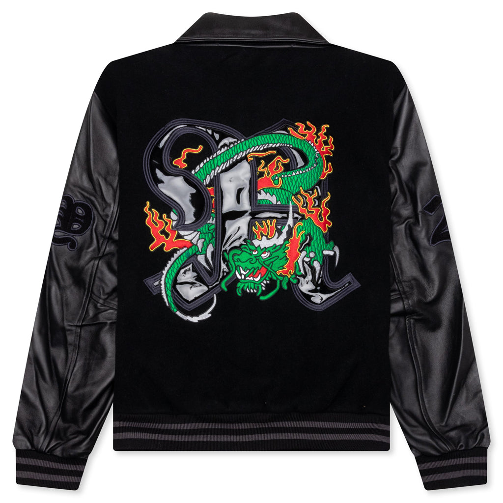 Dragon Embroidered Varsity Jacket - Black