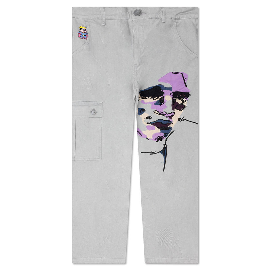 Face Embroidered Denim Pants - Grey