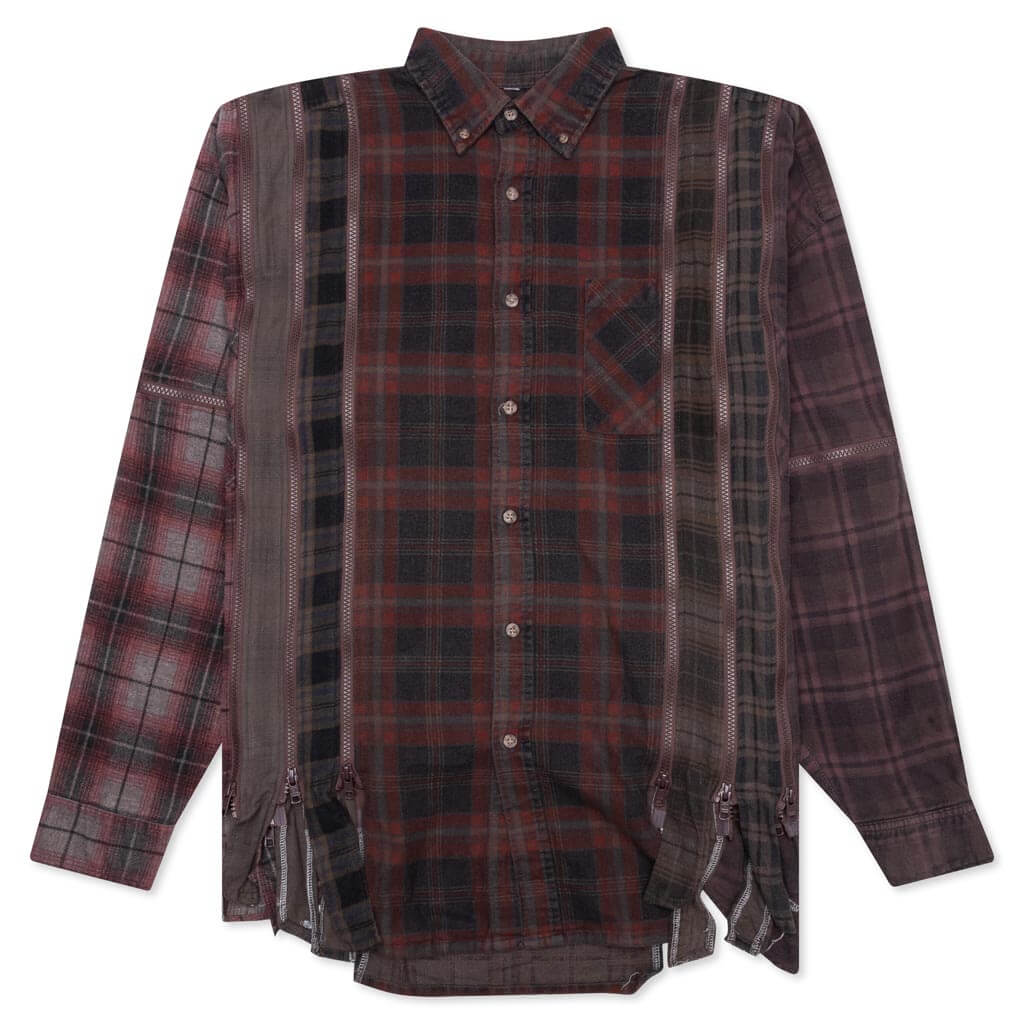 Flannel Shirt 7 Cuts Zipped Wide Shirt Over Dye - Brown, , large image number null