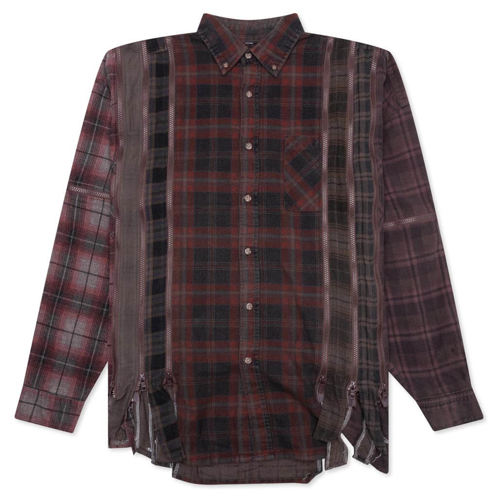 Flannel Shirt 7 Cuts Zipped Wide Shirt Over Dye - Brown