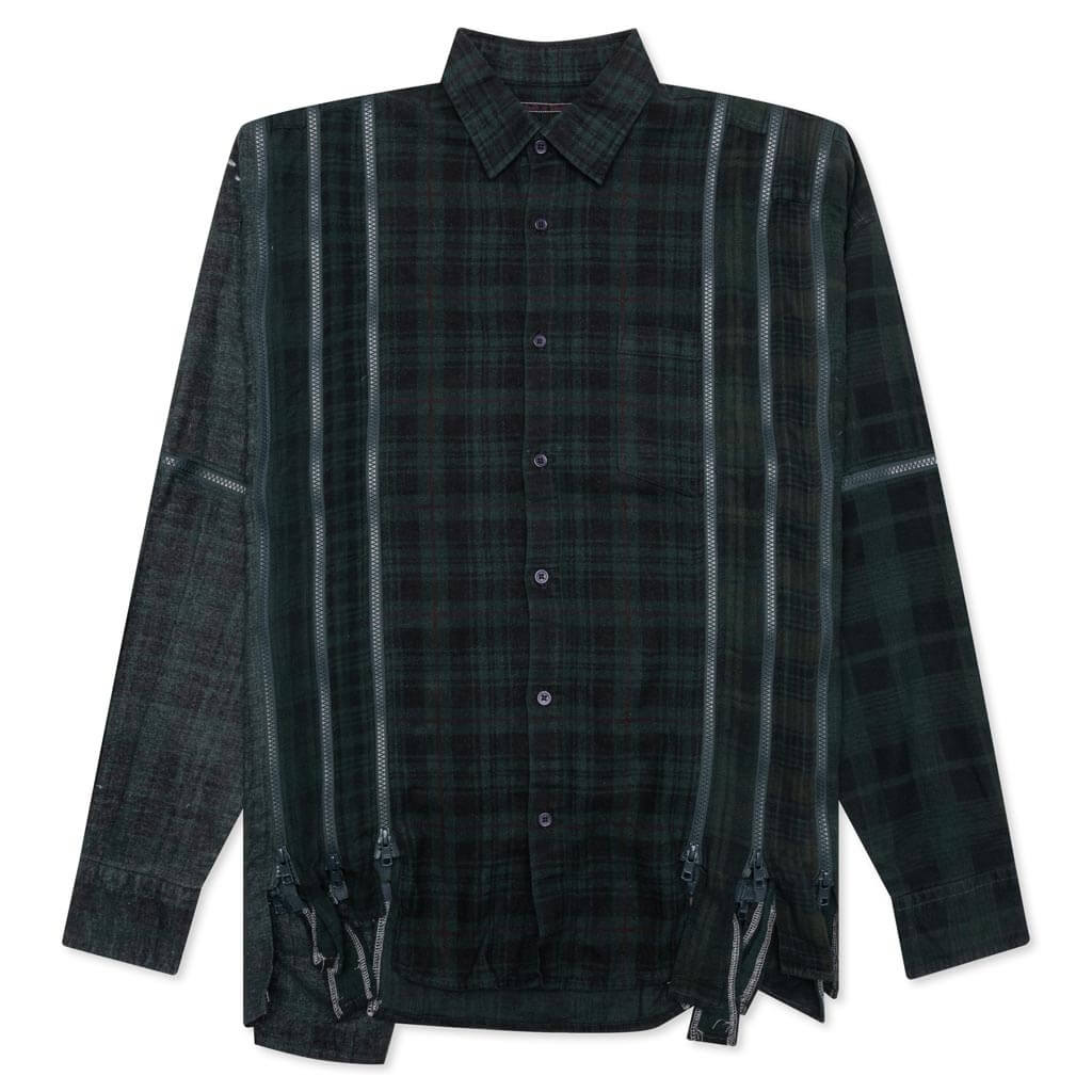 Flannel Shirt 7 Cuts Zipped Wide Shirt Over Dye - Green