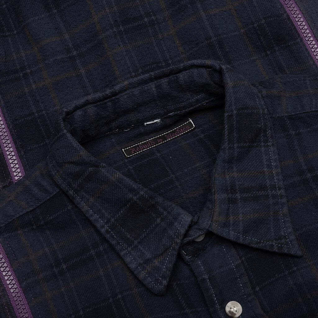 Flannel Shirt 7 Cuts Zipped Wide Shirt Over Dye - Purple, , large image number null