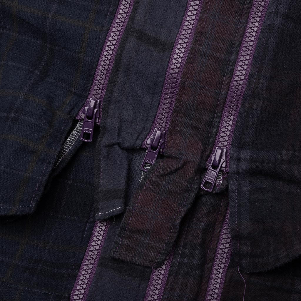 Flannel Shirt 7 Cuts Zipped Wide Shirt Over Dye - Purple, , large image number null