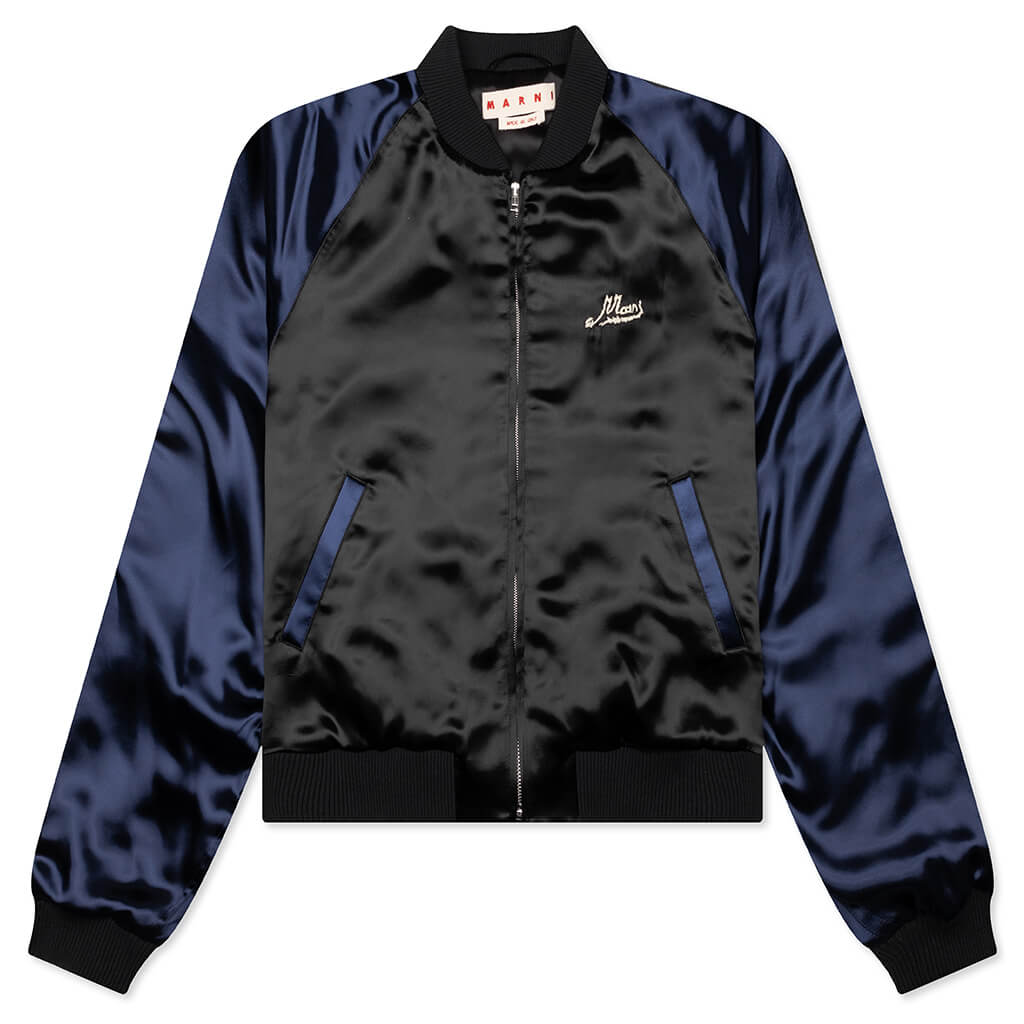 Black Satin Bomber with Beaded Logo - Black, , large image number null