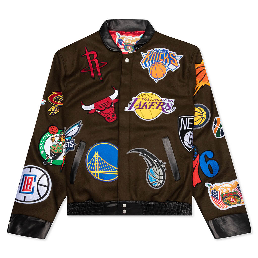 NBA Collage Wool & Leather Jacket - Olive, , large image number null