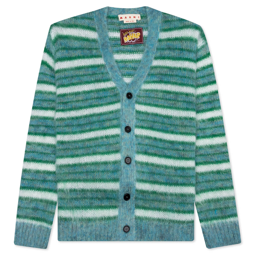 V-Neck Mohair Stripe Cardigan - Turquoise