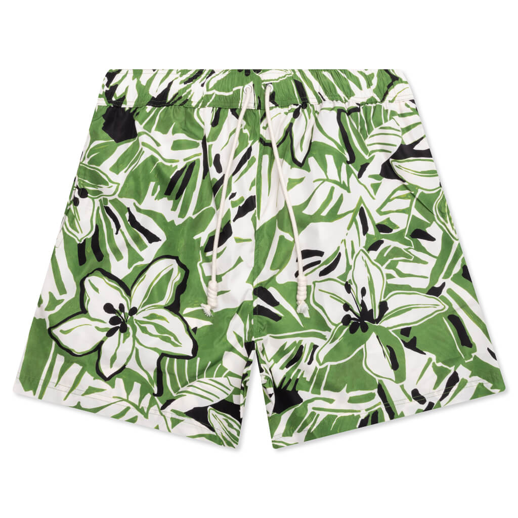 Macro Hibiscus Swim Shorts - Green/White