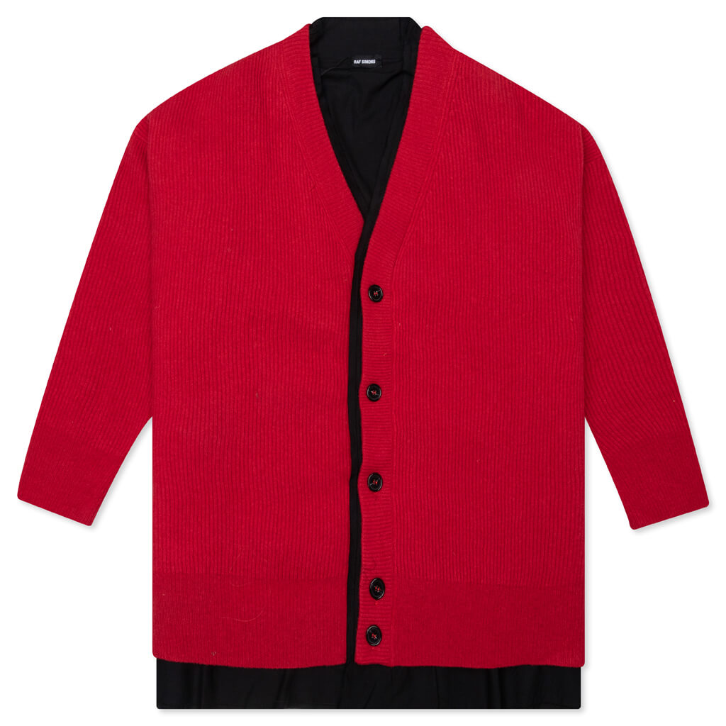 Big Ribbed Knit Cardigan With Fabric Lining - Red