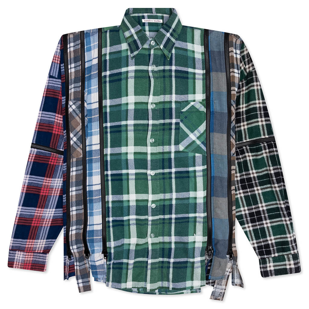 Rebuild by Flannel Shirt 7 Cuts Zipped Wide Shirt - Green/Navy