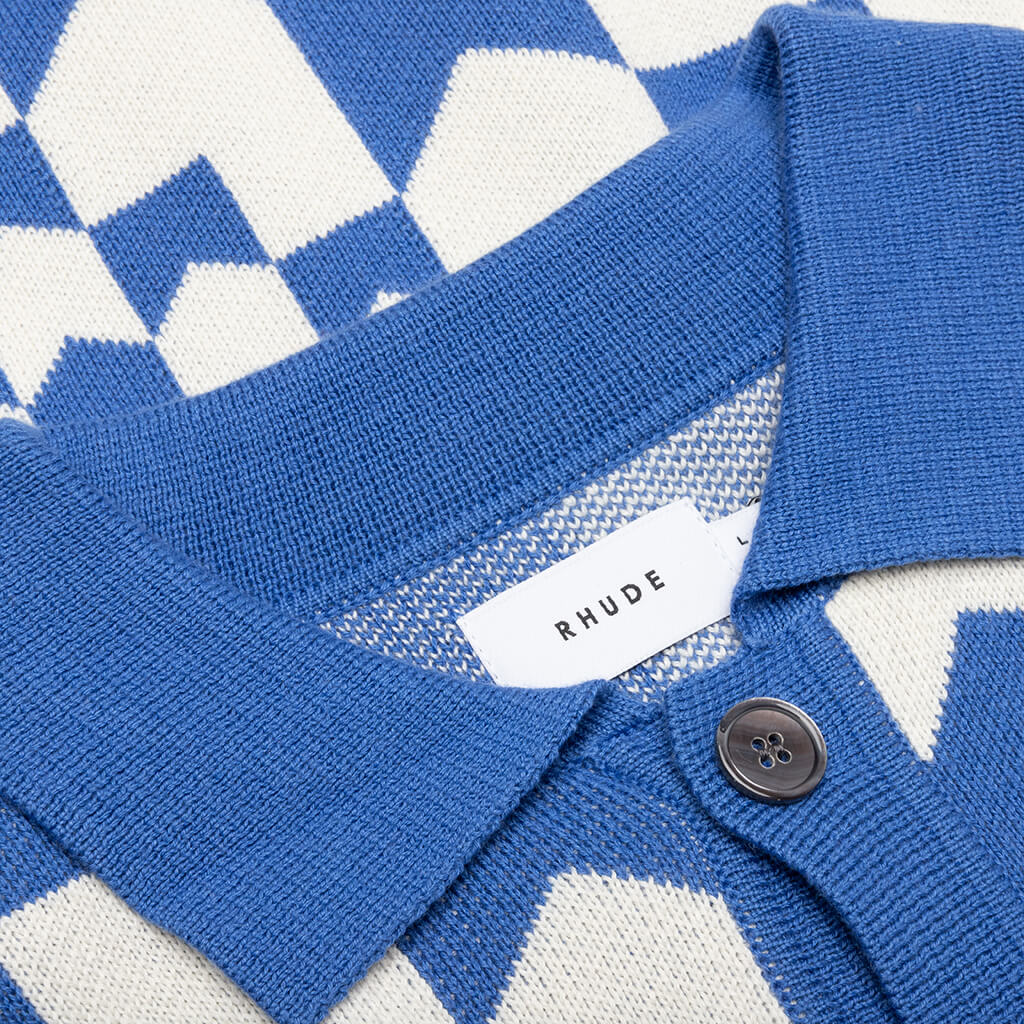 Rhacing Checkered Knit Polo - Ivory/Blue, , large image number null