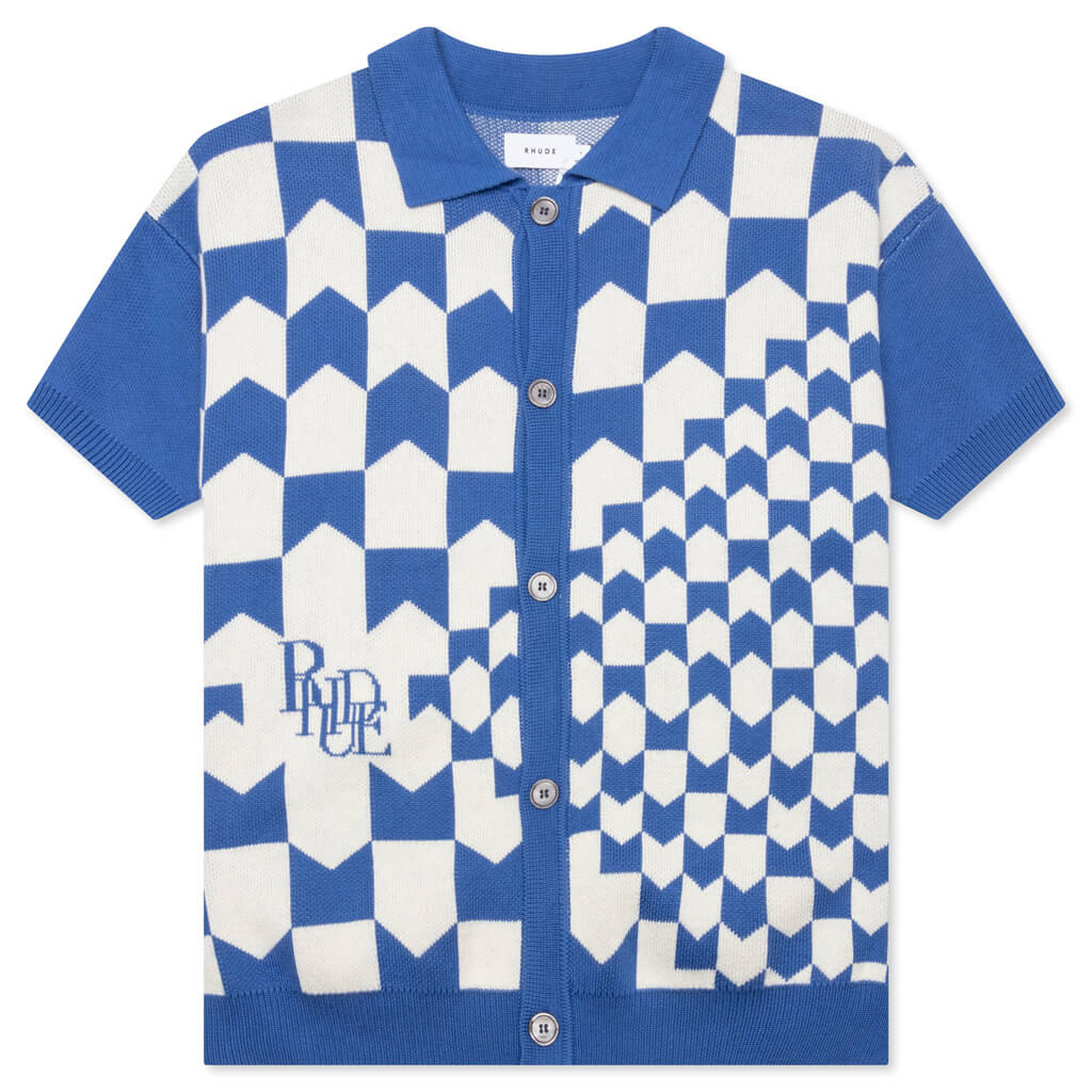 Rhacing Checkered Knit Polo - Ivory/Blue