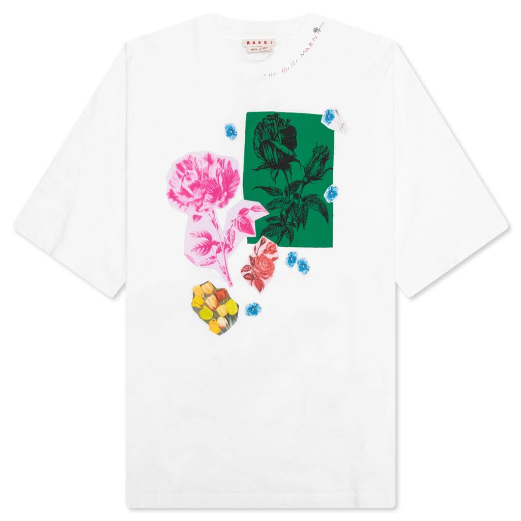 White Cotton T-Shirt With Flower Prints - Lily White