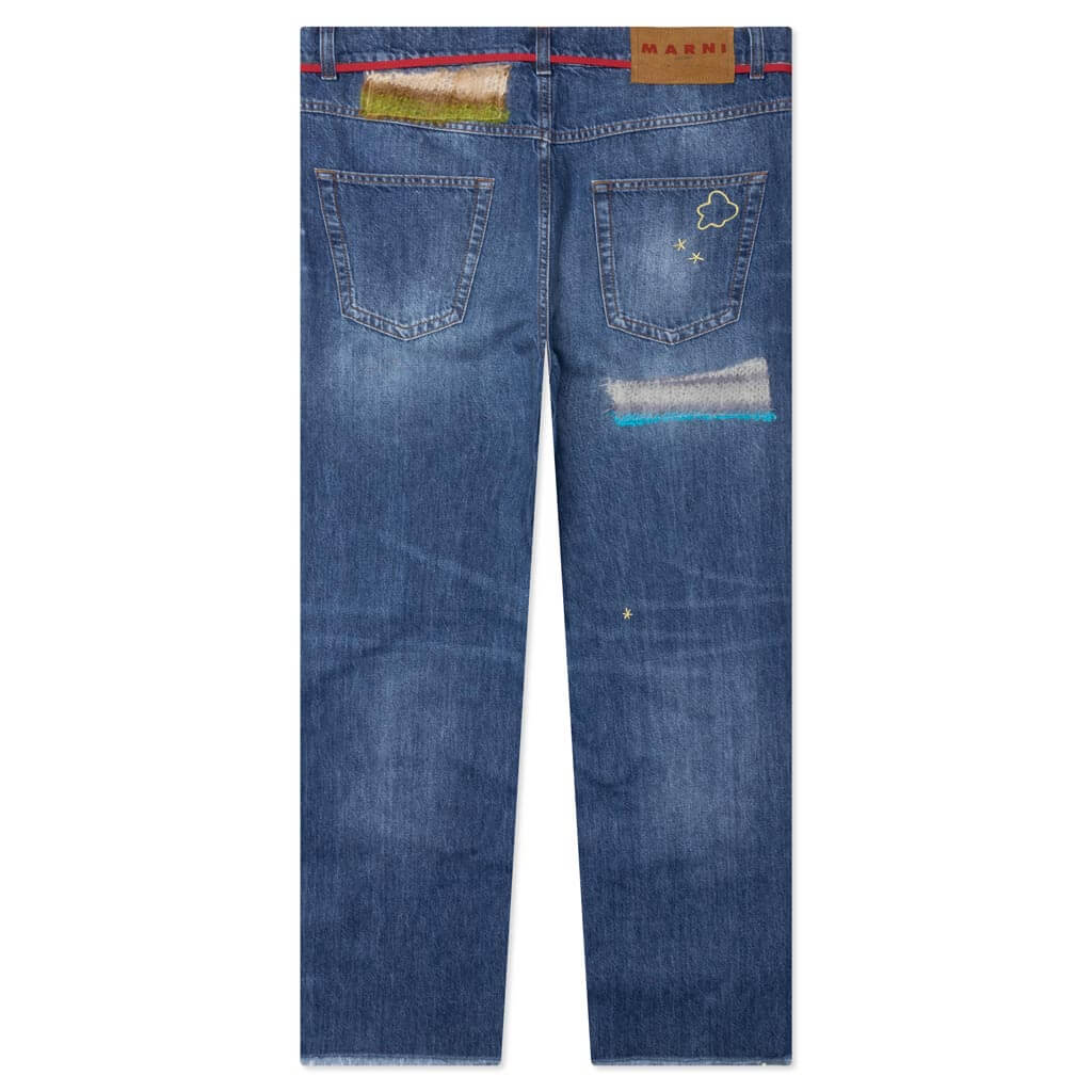 Blue Organic Denim Jeans With Mohair Patches - Iris Blue