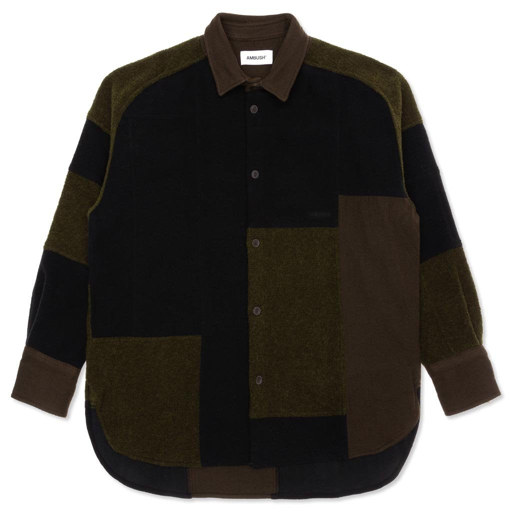 Woven Fleece Patchwork Shirt - Dark Green